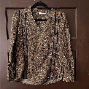 Hinge Navy Blue and Gold Floral-Print Long Sleeve Blouse
